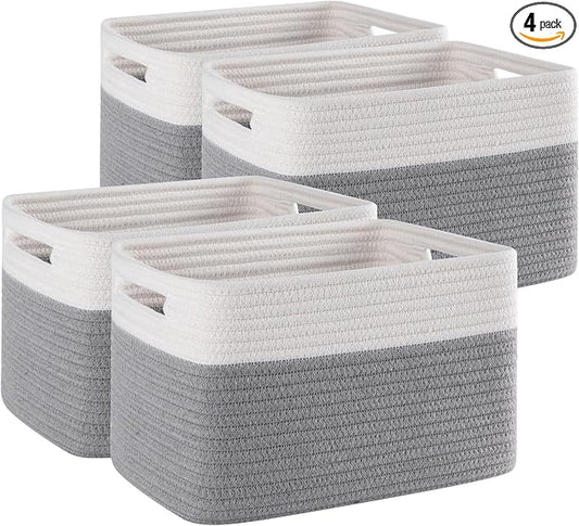 4 Pack Storage Baskets for Organizing, Woven Baskets for Shelves - Perfect for Toys, Books, Towels, and Clothes, Durable Gift Basket Bins Toy Storage, 12.7''L x9''W x7.8''H, Grey and White by SIXDOVE