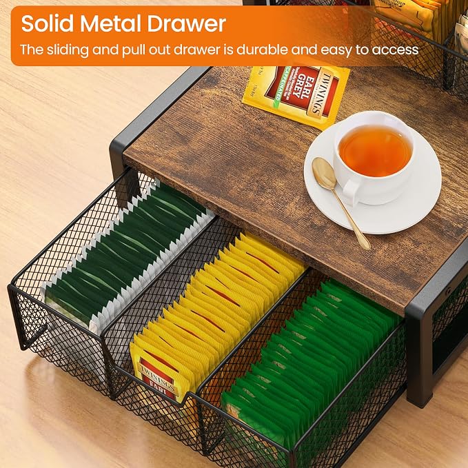 Tea Bag Organizer, 3 Tier Tea Storage Container Box, Rustic Brown | Wood Tea Station Caddy, Teabag Holder Stand with Drawer Basket, Large Tea Chest Display Rack for Countertop Cabinet Office - Image 7