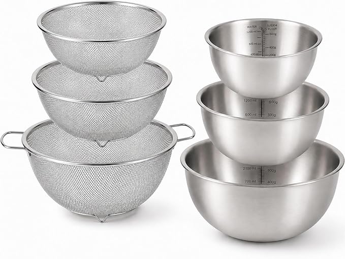 18/8 Stainless Steel Bowl and Colander Set, 6-Piece, Nesting | 3 nesting mixing bowls with measurement marks and 3 fine 30-mesh strainers for rice,vegetables, pasta, baking, and food prep by HAPPYKIT