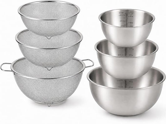 18/8 Stainless Steel Bowl and Colander Set, 6-Piece, Nesting | 3 nesting mixing bowls with measurement marks and 3 fine 30-mesh strainers for rice,vegetables, pasta, baking, and food prep by HAPPYKIT