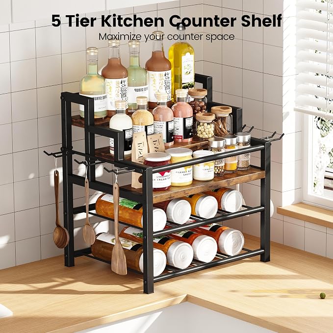 5-Tier Liquor Bottle Display Shelf, Holds up to 20 Bottles, Countertop Wine Racks with 6 Wine Glass Holders, Mini Wine Bar Cabinet for Home, All in One Coffee Syrup Whiskey Organizer - Image 4