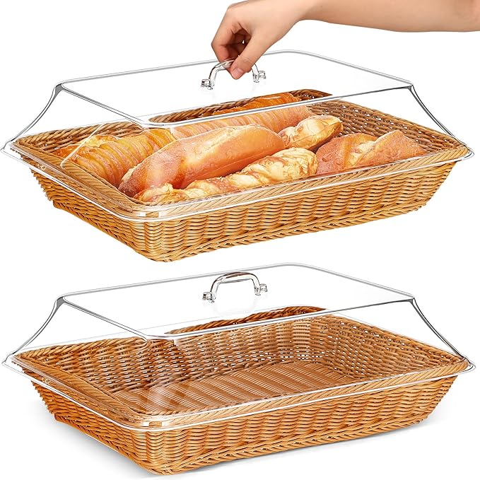 Mumufy 2 Pack Wicker Large Bread Basket with Acrylic Lid Housewarming Gift Woven Rectangular Imitation Rattan Fruit Basket with Cover for Serving Food Display Tabletop Home Kitchen(17.72x13.78'') by Mumufy