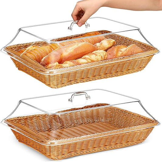Mumufy 2 Pack Wicker Large Bread Basket with Acrylic Lid Housewarming Gift Woven Rectangular Imitation Rattan Fruit Basket with Cover for Serving Food Display Tabletop Home Kitchen(17.72x13.78'') by Mumufy