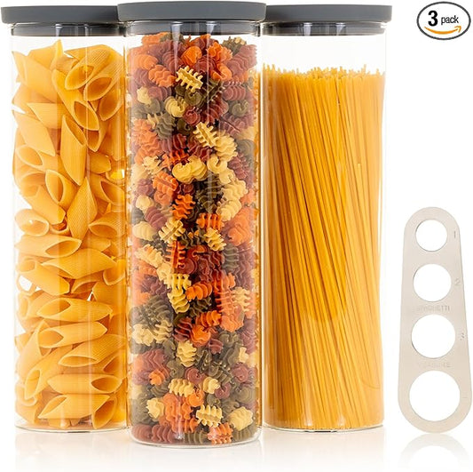 Glass Spaghetti Kitchen Storage Containers with Airtight Silicone Lids, BPA-Free Pantry Glass Storage Jars with Airtight Lid for Pasta and Dry Foods - Set of 3 with Portion Tool by TheHazelPantry