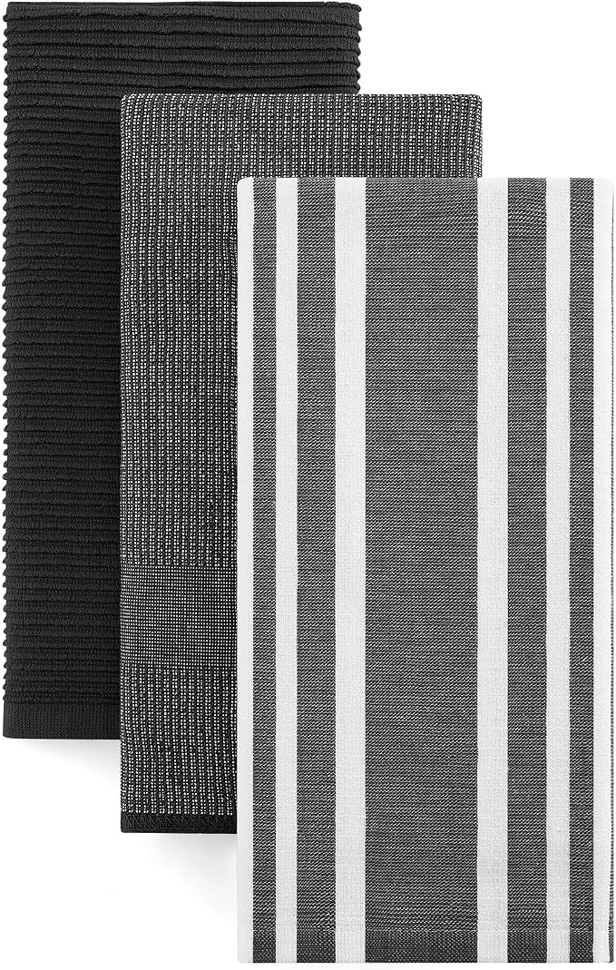 Homaxy Cotton 380 GSM Premium Kitchen Towels, 18"x 28", 3 Pack, Black | Soft and Absorbent Terry Dish Towels, Multipurpose Tea Towel Set with Hanging Loop, 3 Styles Kitchen Hand Towels by Homaxy