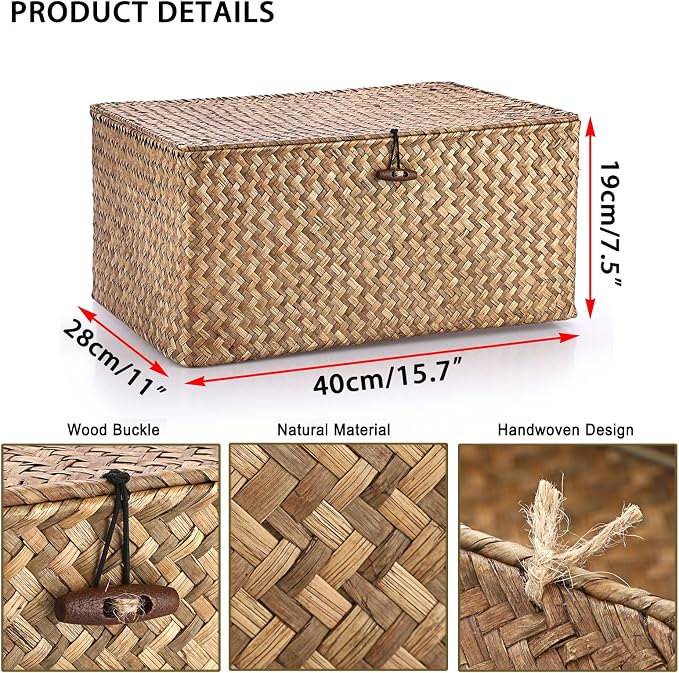 Hipiwe Wicker Shelf Baskets Bin with Lid Woven Storage Box, Coffee X-Large | Handmade Seagrass Basket Storage Bins Rectangular Household Basket Boxes for Shelf Wardrobe Home Organizer - Image 5