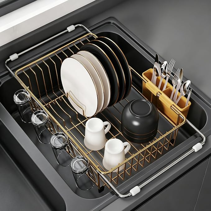 JASIWAY Gold Dish Drying Rack in Sink, Dish Drainer with Utensil Holder | Over The Sink Expandable Stainless Steel Strainer Dryer Rack for Small Kitchen, Counter Space Saving, Fast Drain, Rustproof by JASIWAY