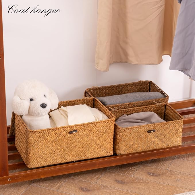 Nonam Storage Basket with Lid, Natural Seagrass Bin with Lid Set of 3, Shelf Baskets Multipurpose Container for Boho Decoration, Rectangular Household Storage Boxes for Home Organization-Natural - Image 8