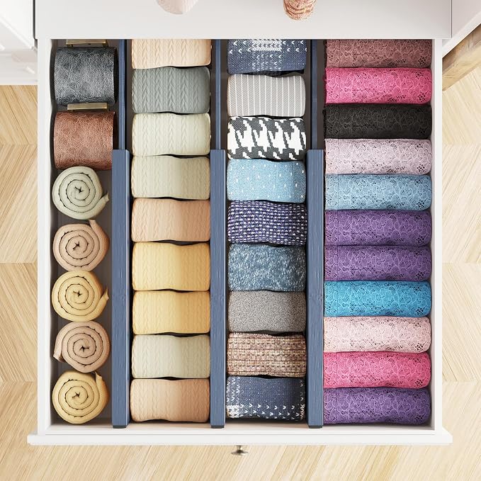 SpaceAid Bamboo Dresser Drawer Dividers 6 Pack, 4.65“ High Adjustable 12.5“-17” Drawer Organizers, Expandable Organization for Clothing, Clothes, Dressers, Navy Blue - Image 4
