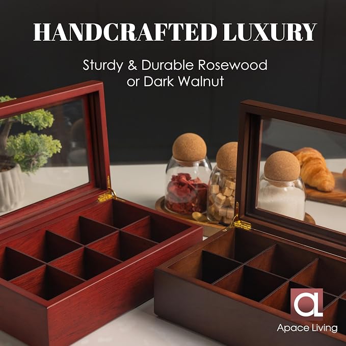 Tea Box - Luxury Wooden Tea Bag Organizer from The Apace Premier Collection - 8 Compartment Tea Storage Chest Container - Elegantly Handmade w/Scratch Resistant Window - Image 6