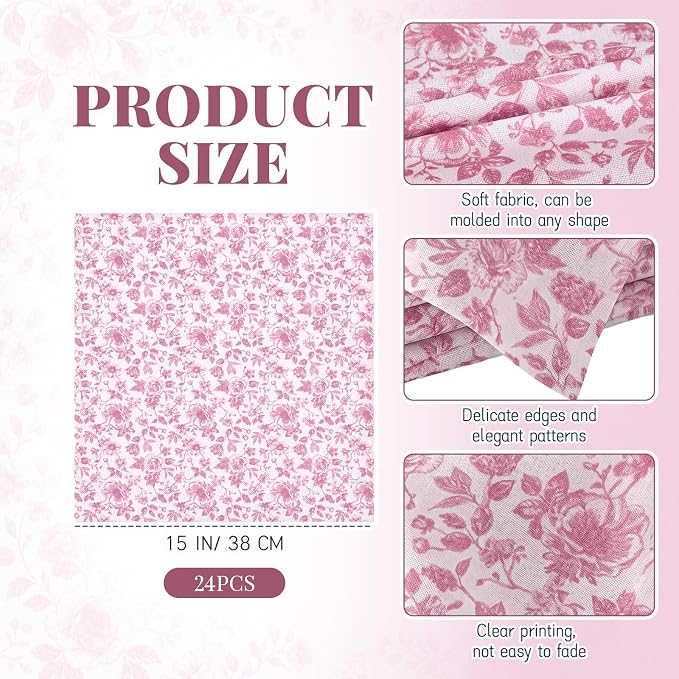 Tegeme 24 Pcs Pink and White Floral Cloth Napkins 15" x 15" Reusable Cotton Napkins, Pink Floral Napkin for Spring Tea Party, Wedding, Catering & Home Decor - Image 2