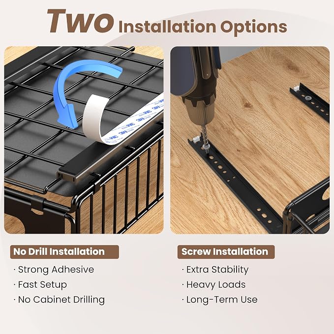 4 Pack Pull Out Cabinet Organizer, Heavy Duty Slide Out Drawer with No Drill Adhesive or Screw Mount, Carbon Steel Roll Out Shelf for Kitchen Cabinet, Pantry & Bathroom Storage - Image 6