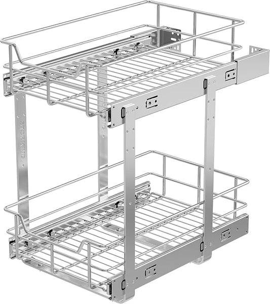 2 Tier Pull Out Cabinet Organizer 11" W X 17" D, Chromed, Full Slide Out | For Kitchen Organizers and Storage, Pull Out Drawers For Cabinets Capacity Heavy Duty Caddy, Cabinet Shelves, Bathroom Pantry by STORKING