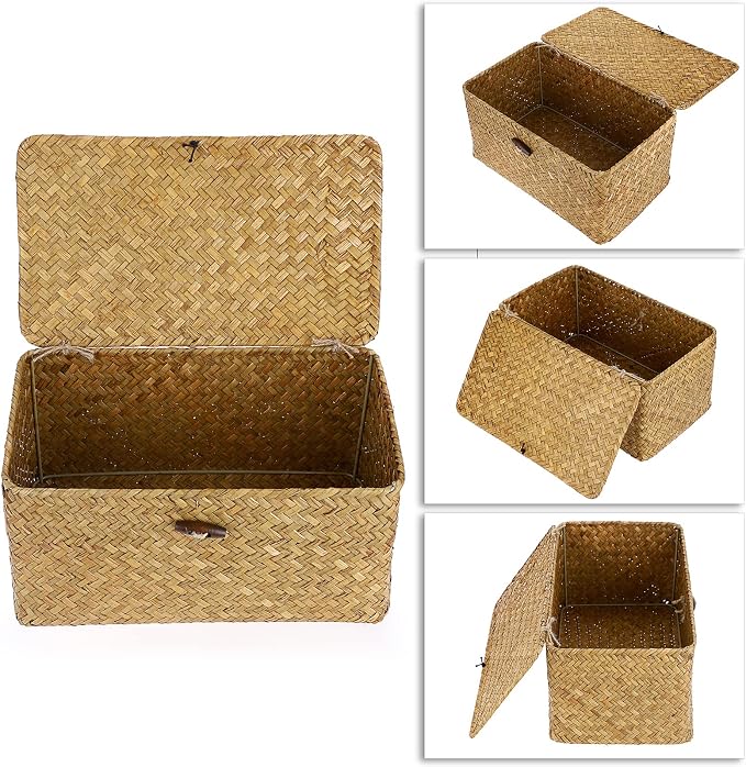 Hipiwe Wicker Shelf Baskets Bin Handwoven Seagrass Storage Basket with Lid | Rectangular Household Basket Boxes for Shelf Wardrobe Home Organizer, Caramel Medium - Image 3