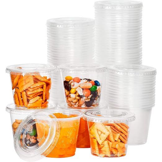 Leakproof BPA-Free 5.5oz Souffle Cups and Lids 100Pk. Stackable Portion Containers for Sampling, Salad Dressing, Sauces, Jello Shot. Plastic Food Prep Supplies for Restaurant Cafe Catering Deli. by FoodRestaurantSupplies