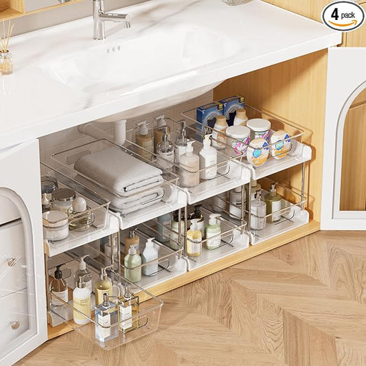 Vtopmart 4 Pack Pull Out Bathroom Under Sink Organizer (S-Standard, White) | Slide-out drawers, Multi-purpose storage, Clear visibility, Easy Set-up by Vtopmart