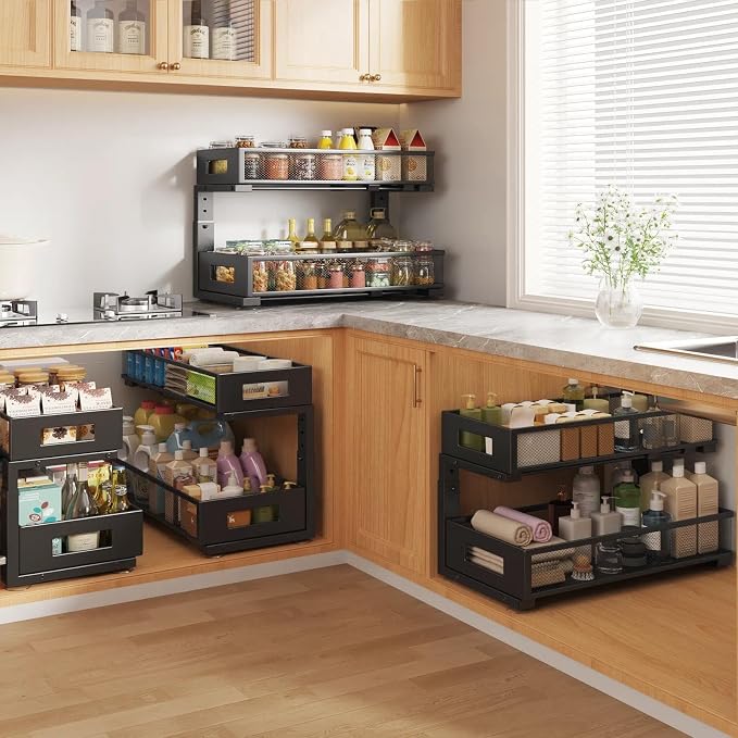 2 Packs 21IN Depth Under Sink Organizer, 2-Tier Pull Out Cabinet Organizer With Smooth Circular Rail, Large Capacity Metal Mesh Sliding Drawers For Bathroom& Kitchen Storage,Height Adjustable-Black - Image 5