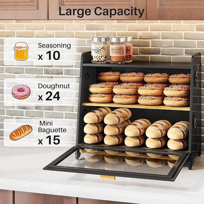 SNTD Airtight Bread Box for Kitchen Countertop, Bamboo Cutting Board, Black | Adjustable Vent Hole, Sorted Storage, Natural Wood, Magnetic See-through Door, Metal Frame, Homemade Bread Storage Container - Image 7