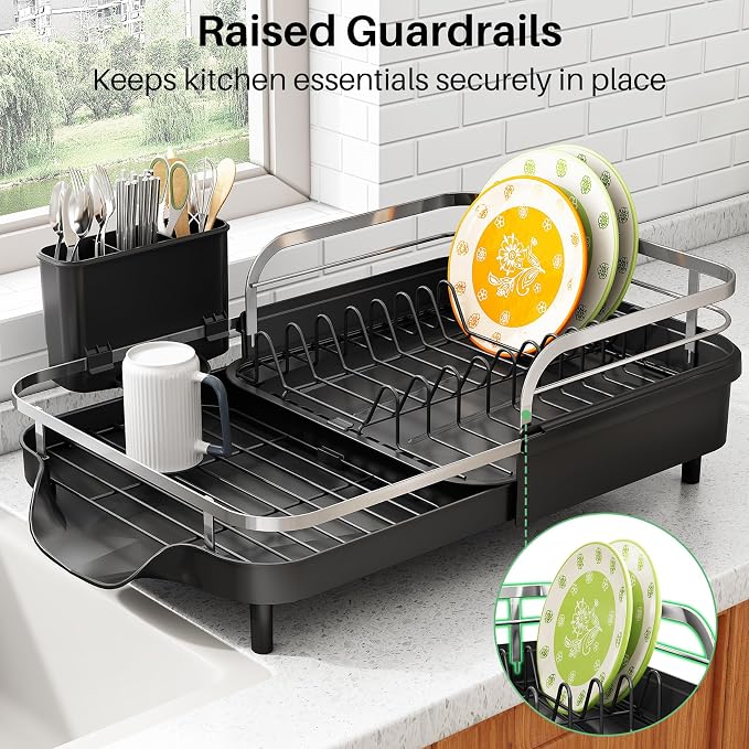 SAYZH Expandable Dish Drying Rack for Small Kitchen Counter, Black | Stainless Steel, Protective Guardrail, Angled Drainboard, Fits High-Rim Sinks, Removable Utensil Holder - Image 5