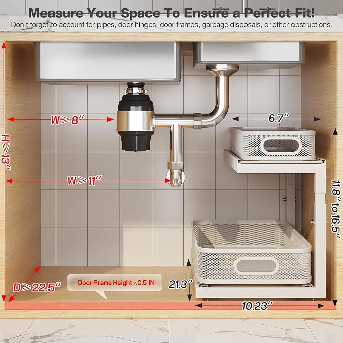 2-Pack 21.3 IN Depth Under Sink Organizer With Next-Gen Ball-Bearing Slides,Sophisticated Mesh 2-Tier Pull Out Shelf for Kitchen & Bathroom,Fits Small Items-White(Patented) - Image 2