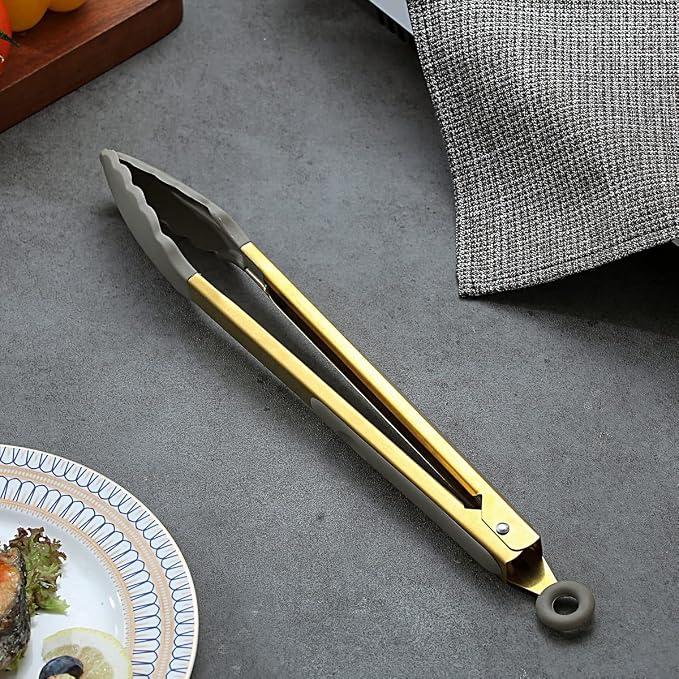 Gold Cooking Tongs, Berglander Heavy Duty Food Tongs For Cooking With Silicone Tips And Titanium Gold Plating Handle, Kitchen Tongs, Grill Tongs, Dishwasher Safe, Easy to Clean - Image 2