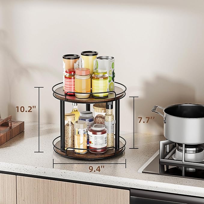 LAMU 9'' Wood Lazy Susan Turntable Organizer for Cabinet, 2 Tier Lazy Susan Spice Rack Organizer for Kitchen, Table Top, Countertop, Pantry, Medicine Organizer - Image 6