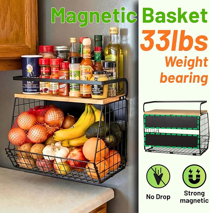 Magnetic Shelf for Fridge with Wood Lid, Fruit Potato and Onion Storage Bins, Pantry Organizers & Storage, Large Container Magnetic Spice Rack for Refrigerator, Kitchen Counter, Cabinet - Image 2