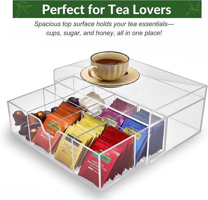Heavy-Duty Acrylic Tea Station with 8-Compartment Drawer Organizer | Versatile Design: Features a smooth-sliding drawer with 8 compartments, plus a sturdy station top for coffee pods or mugs - Image 9