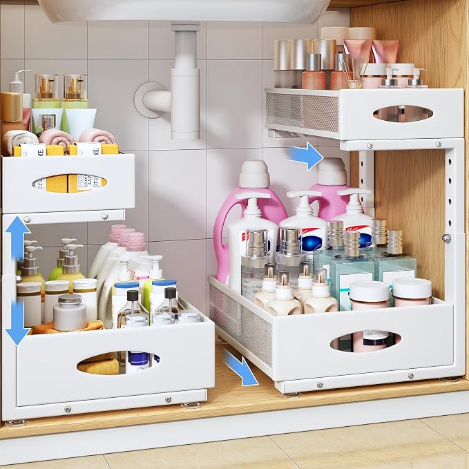 Under Sink Organizer, 2 Tier Pull Out Under Cabinet Organizer Shelf with Pad for Framed Cabinets, Metal Slide Out Under Sink Storage, Mesh Sliding Drawers for Kitchen Bathroom Laundry(White, 1 Pack) by PXRACK