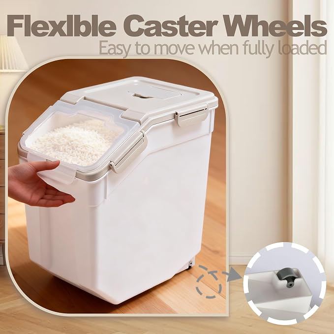 RUIAN 2Pcs Large Flour Storage Container Bin 50Lb Airtight Rice Storage Containers with Wheels Seal Locking Lid, BPA Free with Measuring Cup&Scoop for Flour, Rice, Grain 100LBS Total (Grey) - Image 6