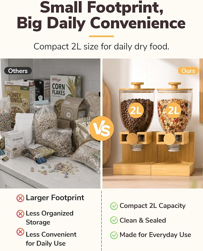 Bamboo Cereal Dispenser Countertop, 2L Airtight Single Pack | Cereal Containers Storage with Stable Base, Rotary Dry Food Dispenser for Cereal, Rice, Nuts, Kitchen Pantry Organization - Image 6