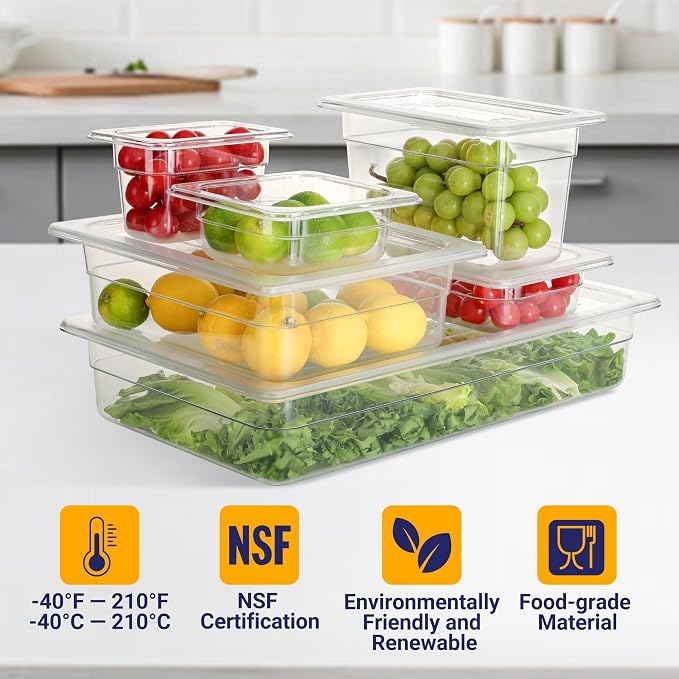 BIEAMA 6 Pack 1/3 Size 4" Deep NSF Polycarbonate Food Pans with Lids | Stackable clear containers for meal prep, buffet, salad bars, commercial & home kitchen; dishwasher safe and freezer safe - Image 5