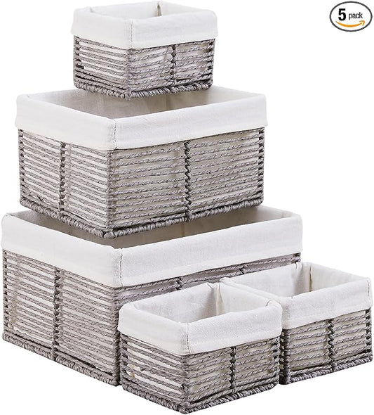 Wicker Storage Basket, Hand-Woven Paper Rope Wicker Baskets, Rectangular Small Wicke Baskets for Organizing, Cube Storage Bins for Closet/Clothes/Dresser, Grey, 5-Pack by Vagusicc