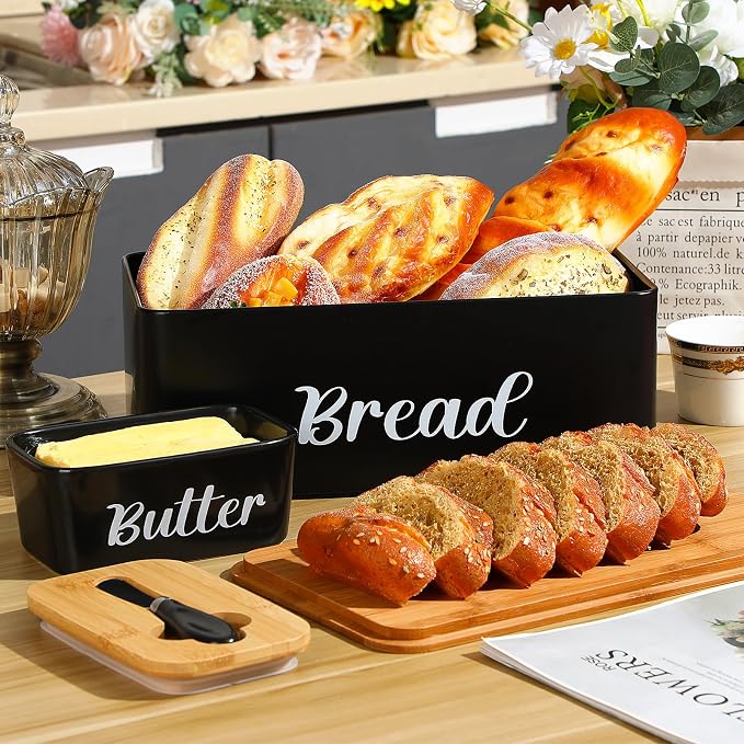 Hushee Metal Bread Box and Butter Dish with Bamboo Cutting Board Lid and Knife Bread Storage Container Breadbox for Kitchen Counter Butter Organizer for Kitchen Countertop Decoration(Black) - Image 5