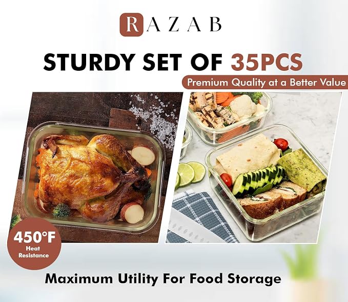 Razab 35 Pc Set Glass Food Storage Containers with Lids - Meal Prep Airtight Bento Boxes BPA-Free 100% Leak Proof (15 lids,15 glass & 5 Plastic Sauce/Dip Containers) - Image 6