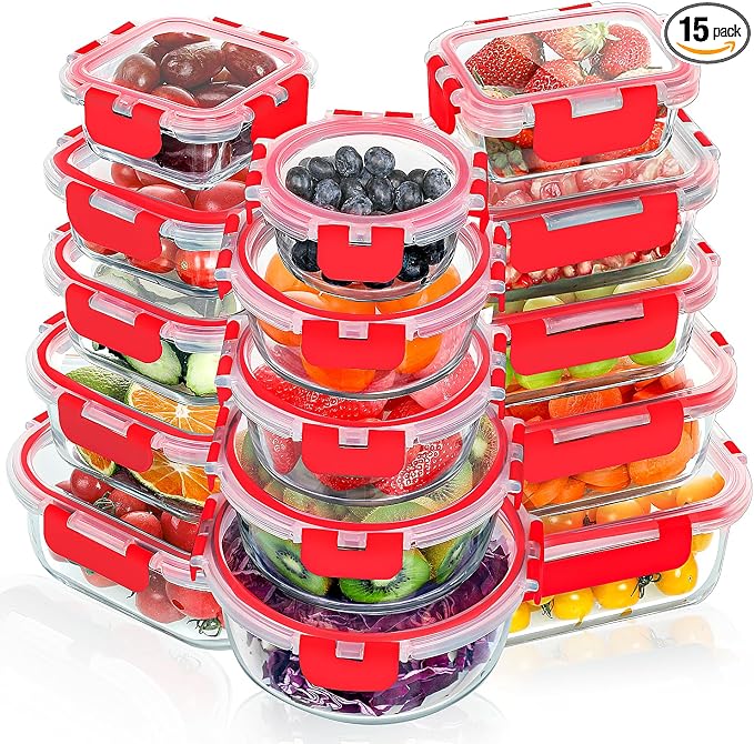 VERONES 30 Pieces Glass Food Storage Containers Set with Lids, Red | Stackable Glass Meal Prep Containers Set with Lids, Airtight Lunch Containers, for Microwave, Oven, Freezer & Dishwasher by VERONES