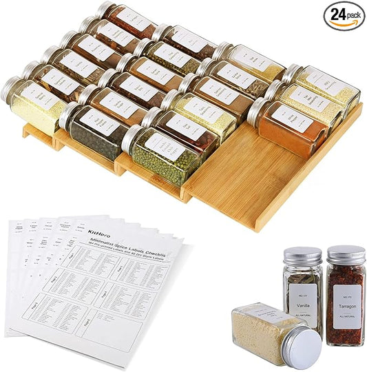 Spice Drawer Organizer with 24 Spice Jars,216 Labels,25 Non-slip Rubber, Bamboo 4 Tier Seasoning Rack Tray Insert for Kitchen Drawers,Cabinets,Countertop,11" Wide x 15.8" Deep by KitHero