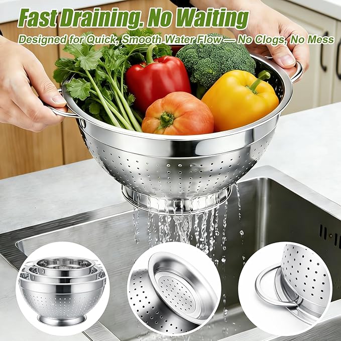 Palksky Stainless Steel Colander Set of 3, Nesting Metal Strainers with Handles and Raised Base, 7/8.7/11 Inch Kitchen Colanders for Pasta, Vegetables, Fruit, Rice, Salad and Meal Prep - Image 2