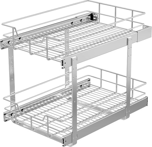 2 Tier Pull Out Cabinet Organizer 15" W X 22" D, Chromed, Full Slide Out | For Kitchen Organizers and Storage, Pull Out Drawers For Cabinets Capacity Heavy Duty Caddy, Cabinet Shelves, Bathroom Pantry by STORKING