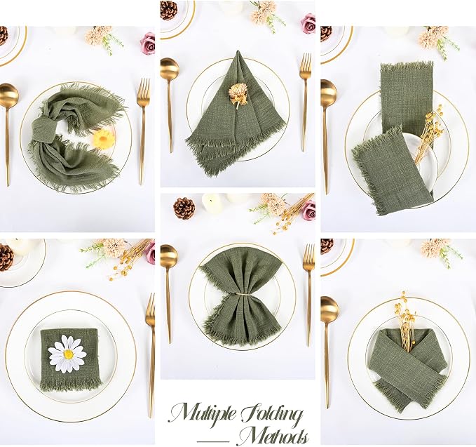 36 Pack Olive Green Cloth Napkins, 16 x 16 Inch Cotton with Fringe Settings | Handmade washable reusable cotton dinner napkins in bulk for weddings, parties, rustic boho table settings - Image 3