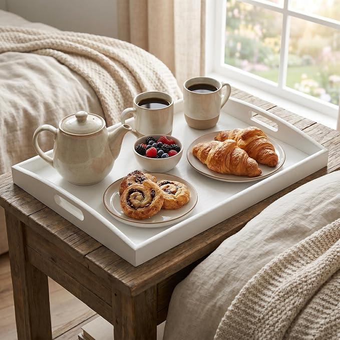 Bam & Boo White Bamboo Serving Tray Extra Large with Handles for Food, Drinks, Storage, Decor, Vanity, Breakfast, Parties, Weddings, Picnics(23.6” x 15” x 2.35”, White) - Image 2