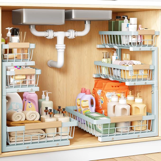 PXRACK Under Sink Organizer, 2-Pack 3-Tier Height Adjustable Thickened Metal Pull out Cabinet Organizer Shelf, Slide out Storage Drawer Rack for Bathroom Kitchen Pantry Home Organization, LightBlue by PXRACK