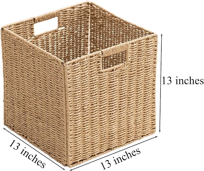Handwoven Paper Woven Cube Basket Organizer with Handles set of 4 Foldable Storage baskets for Bedroom Living Room Cubby Storage Units for Clothes Books Toys (Natural, 13" L x 13" W x 13" H) - Image 2