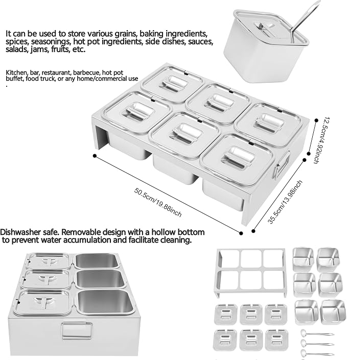 Pizza Topping Station Condiment Container Food Prep Ingredients Holder | Stainless Steel Container Set Spice Rack with 6 Pans& Lids&6* Spoons, Kitchen Restaurants Buffet Pizza Oven Accessories - Image 5