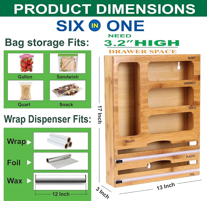 Bag Storage Organizer for Kitchen Drawer and Plastic Wrap Dispenser with Cutter, 6 In 1 Large Capacity Bamboo Foil and Plastic Bag Food Baggie Organizer for Snack, Sandwich, Gallon, Quart - Image 2