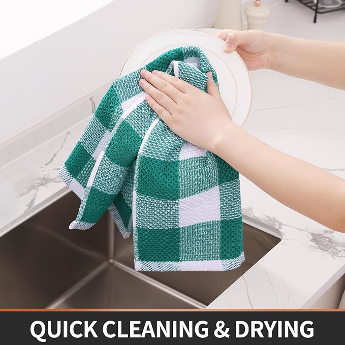 Homaxy Kitchen Towels and Dishcloths Set, Set of 8, White & Teal | Bulk Cotton Waffle Weave Check Plaid Kitchen Towels, Super Soft and Absorbent Dish Cloths, 12 x 12 and 13 x 28 Inches - Image 5