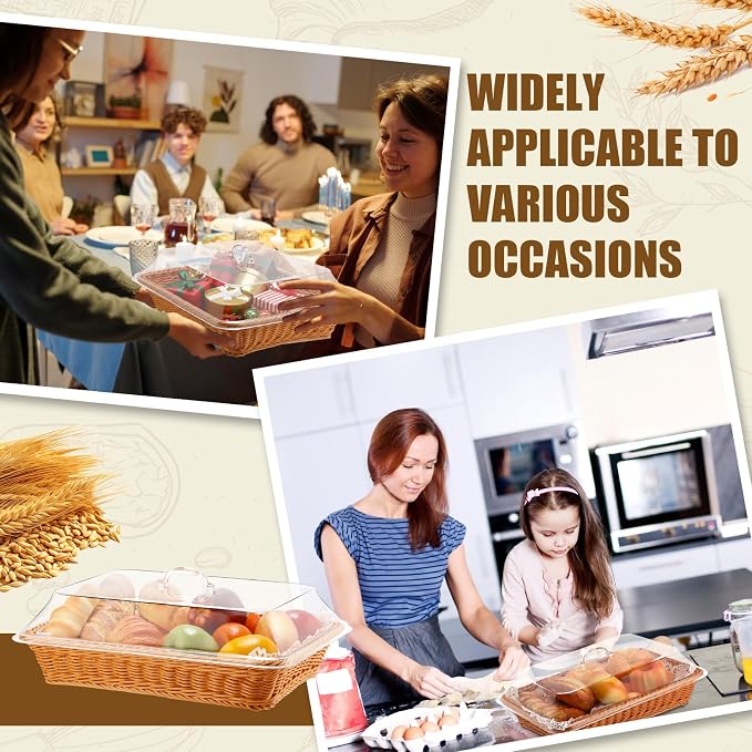 Mumufy 2 Packs Bread Baskets for Serving with Lid 15.75x11.81x2.95'' Imitation Rattan Fruit Storage Basket, and 50 Pcs Food Blotting Sheets for Baker Gift, Kitchen Counter Organization, Bread Display - Image 7