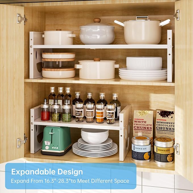 Fun-Face Expandable Cabinet Shelf Organizer,Adjustable Height & Width, Stackable Metal Storage Rack,Kitchen Spice Rack, Pantry Shelf, Countertops (1, White) - Image 5