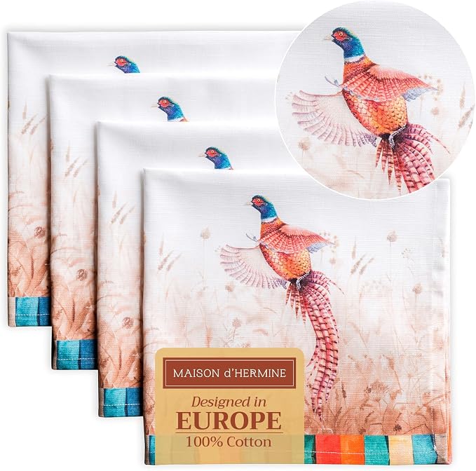 Maison d' Hermine Cloth Napkins Set of 4 Reusable 100% Cotton (20" x 20") | Everyday Square Napkins Cloth Washable Dinner Wedding Restaurant Hotel Kitchen Thanksgiving Christmas - Faisan D'Automne by MaisondHermine