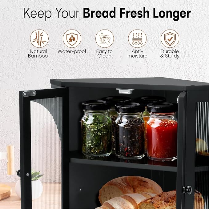 Corner Bread Box for Kitchen Countertop,Double Layer Bread Holder | 3 Adjustable Height, Large Capacity, Magnetic Acrylic Door, Bamboo Bread Storage Container for Homemade Bread, Black - Image 6